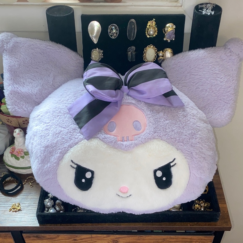 Lavender Kuromi Plush Pillow with Skull and Bow Design